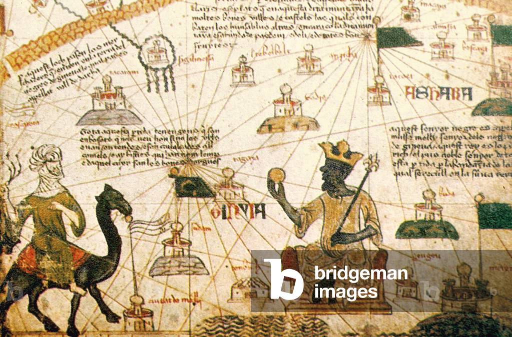 Mansa Musa, King of Mali, holding a sceptre and a piece of gold. Detail from the 'Catalan Atlas' Abraham Cresques of 1375 (print)