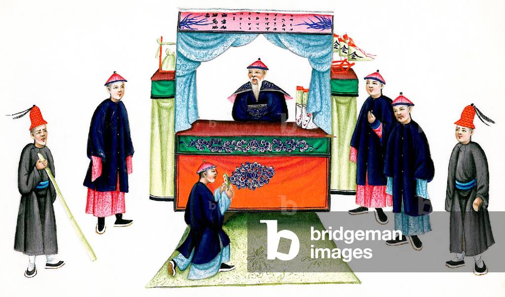 China: Plaintiff at a Magistrate's Court. Qing Dynasty watercolour painting by an anonymous artist, mid to late 19th century