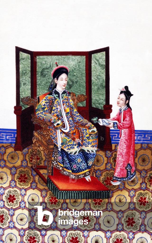 China: Hand-painted representation of mistress and servant in 19th century Qing Dynasty high society