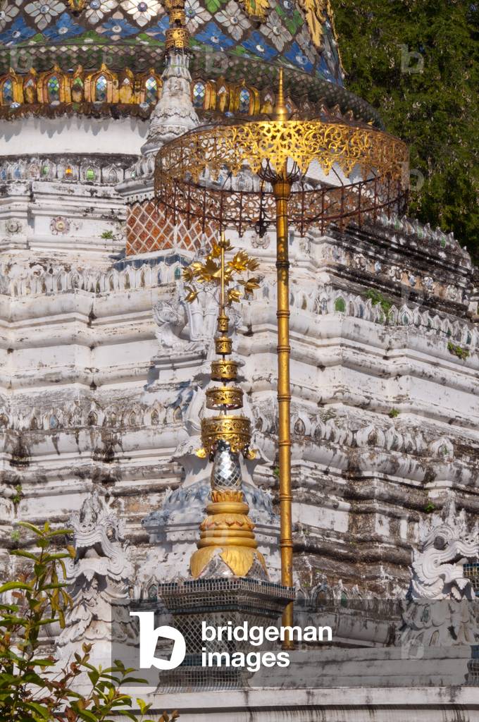 Thailand: Gold parasol at the corner of the Burmese-style chedi, Wat Saen Fang, Chiang Mai, northern Thailand