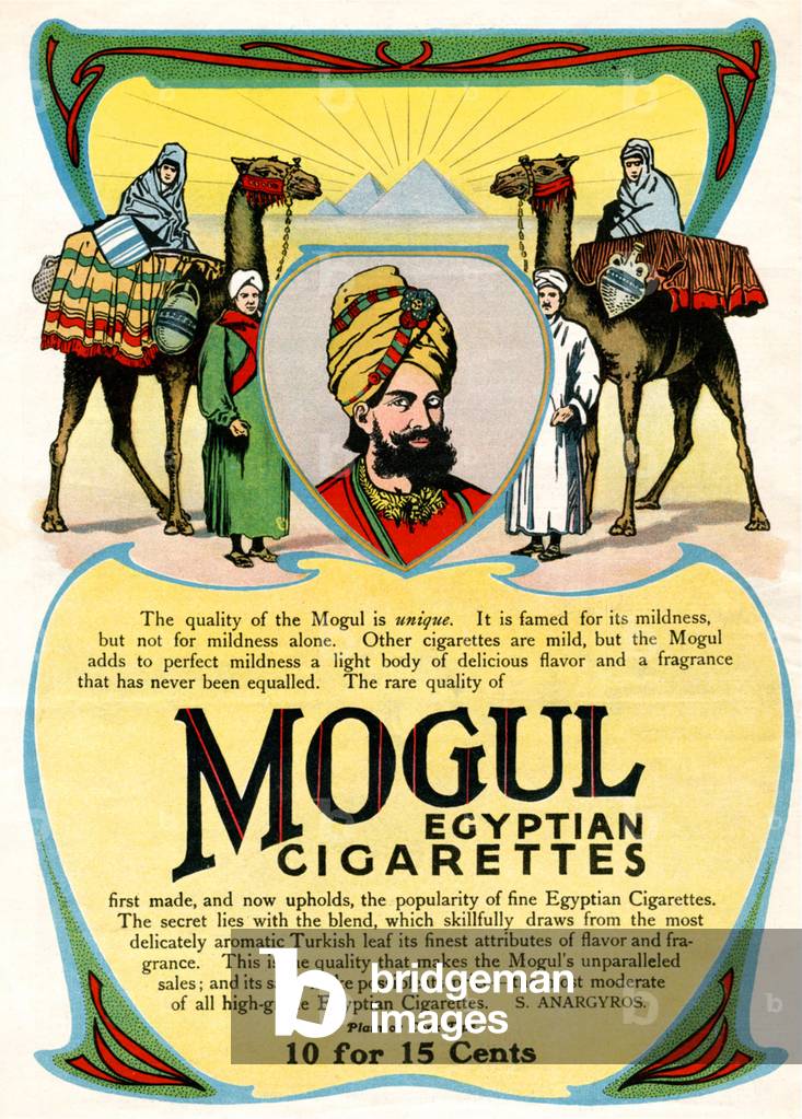 USA: Advertisement for 'Mogul' brand Egyptian cigarettes featuring Orientalist themes including turbaned men and camels, Sosterios Anargyros, New York, 1920