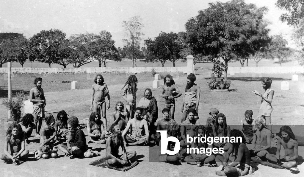 India: A gathering of sadhus or sannyasin somehwere in north India, c. 1890