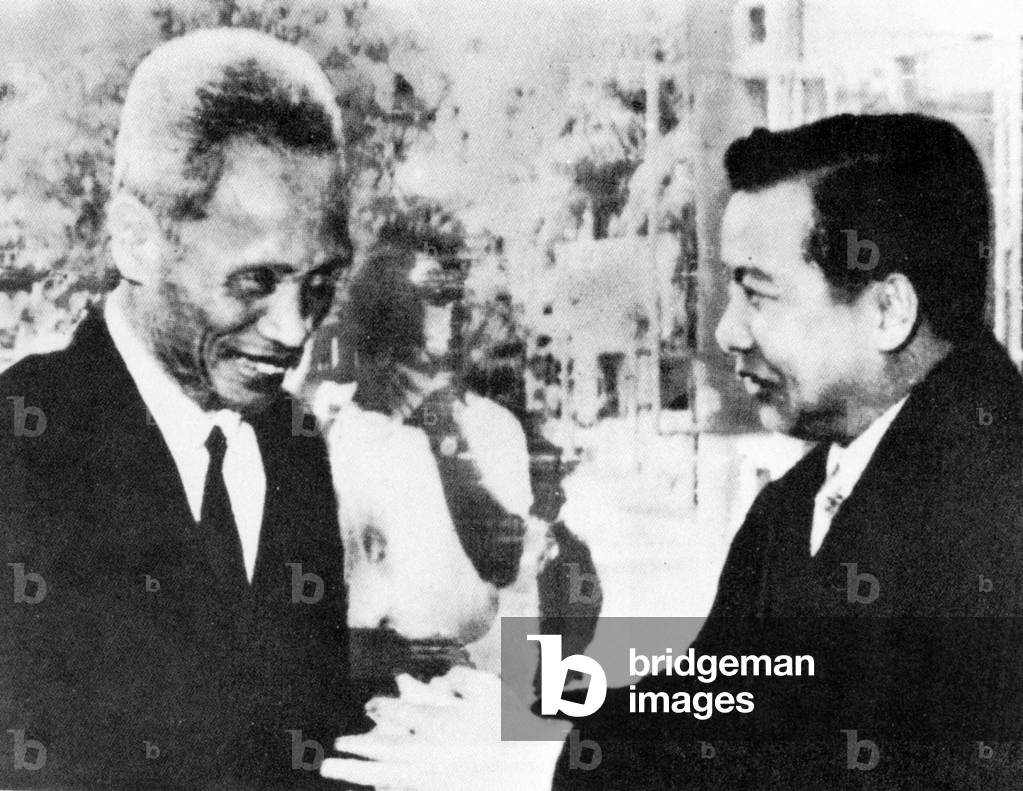 Cambodia: Norodom Sihanouk, King of Cambodia, with Pham Van Dong, Prime Minister of North Vietnam, Hanoi c. 1965.