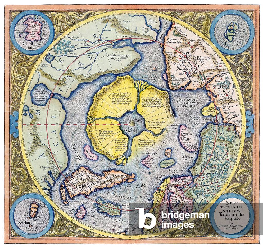 Belgium / Germany: 'Septetrionalium Terrarum Descriptio' ('A Description of the Northern Part of the World'), map of the Arctic Region, Gerardus Mercator (1512 - 1594), Copper engraving, Duisburg, 1595, 1623