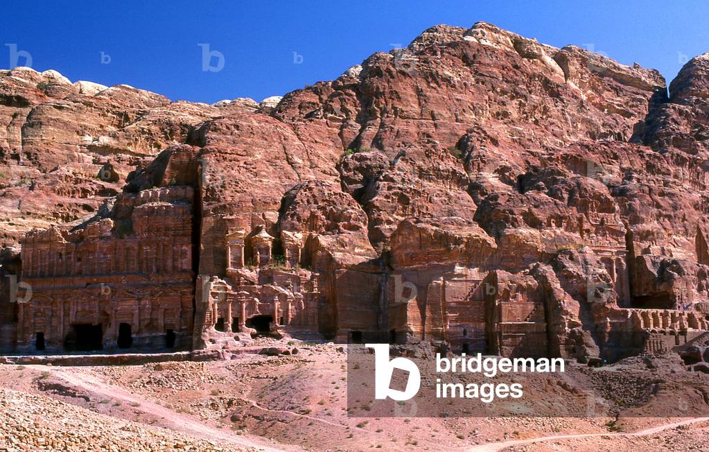 Jordan: The Palace Tomb (left), the Corinthian Tomb (centre left), The Silk Tomb (centre right) and The Urn Tomb (right), Petra
