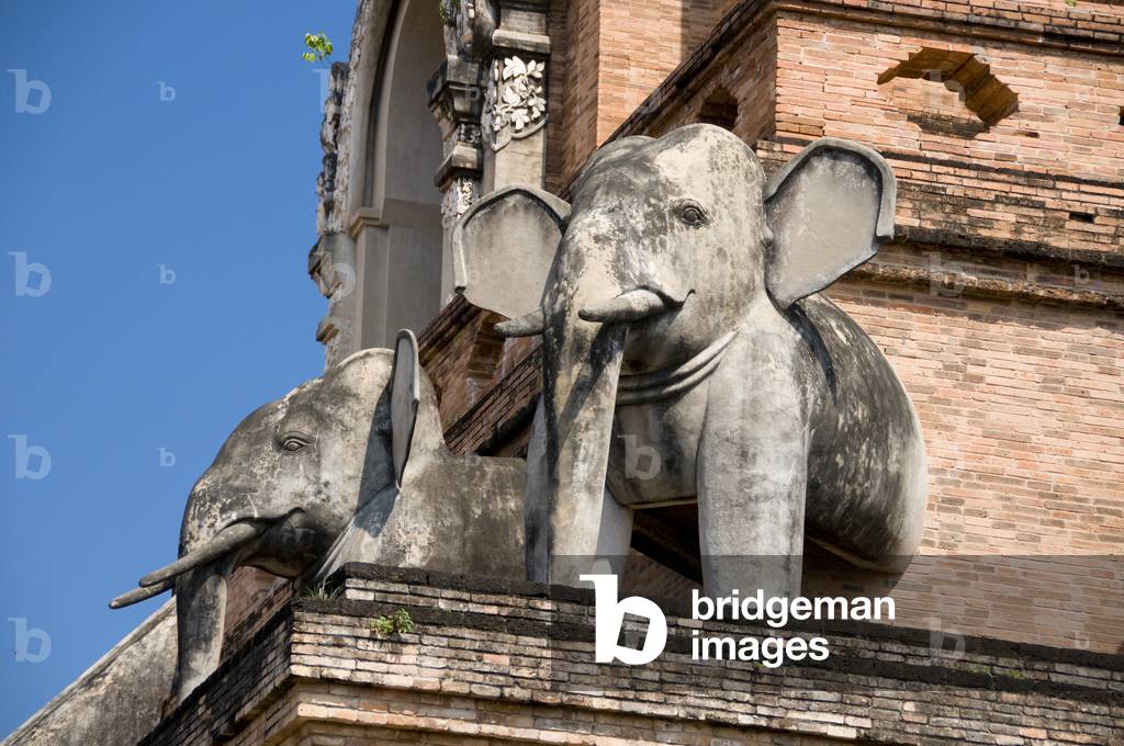 Thailand: Elephants adorning the main chedi, Wat Chedi Luang, Chiang Mai