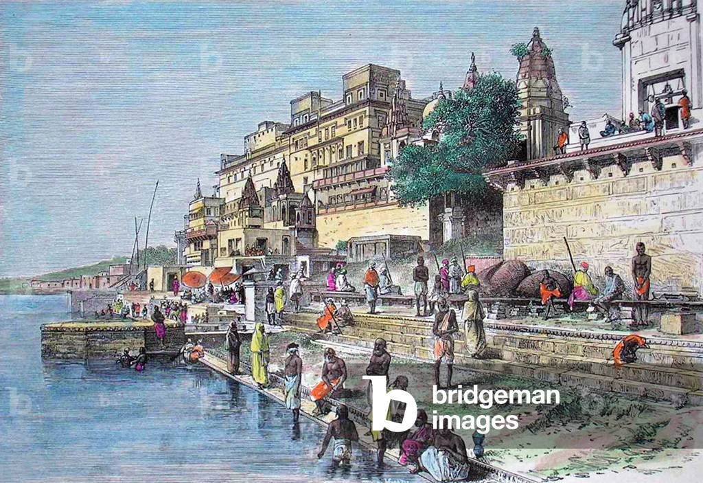 India: 'Hindu Temple, Benares' (Varanasi). Coloured painting, early 20th century