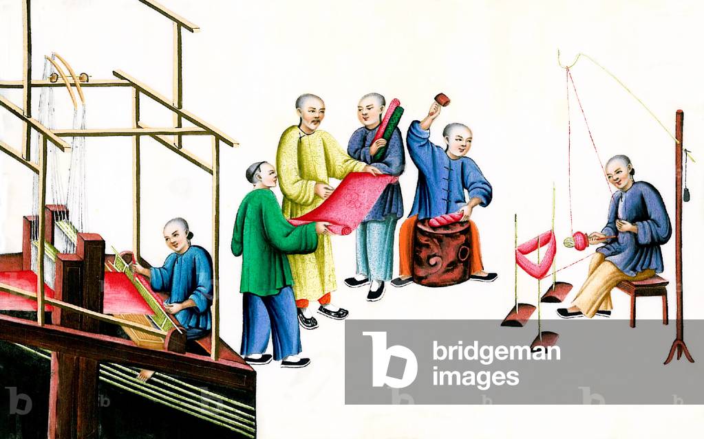 China: Silk Production - preparing silk thread for weaving. Qing Dynasty watercolour painting by an anonymous artist, mid to late 19th century