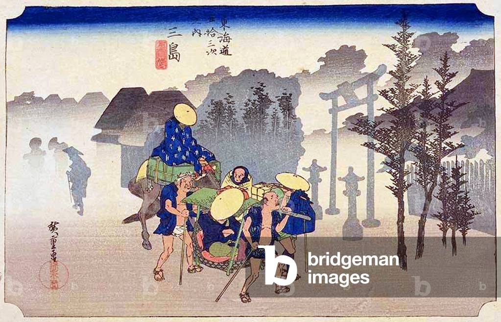Morning Mist at Mishima, from the series '53 Stations of the Tokaido', 1834-35 (colour woodblock print)