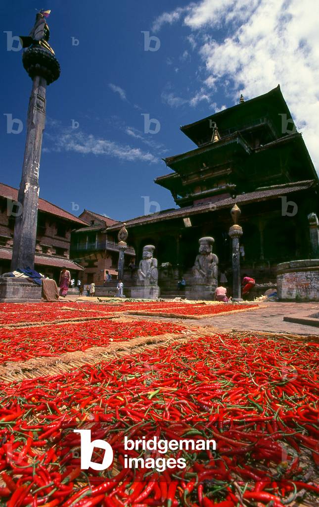 Nepal: Red chillies drying in front of the Dattatreya Temple, Bhaktapur (1997)