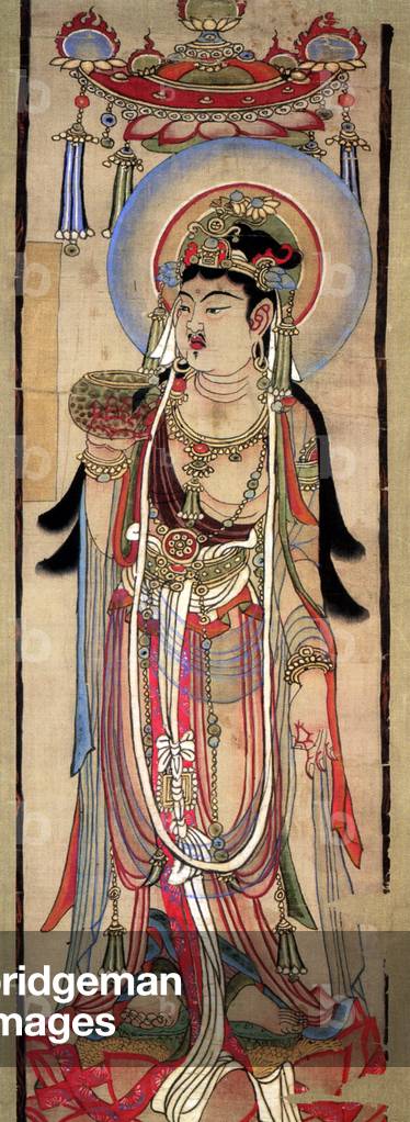China: Painting of a bodhisattva holding a glass bowl, Dunhuang, 8th-9th century.