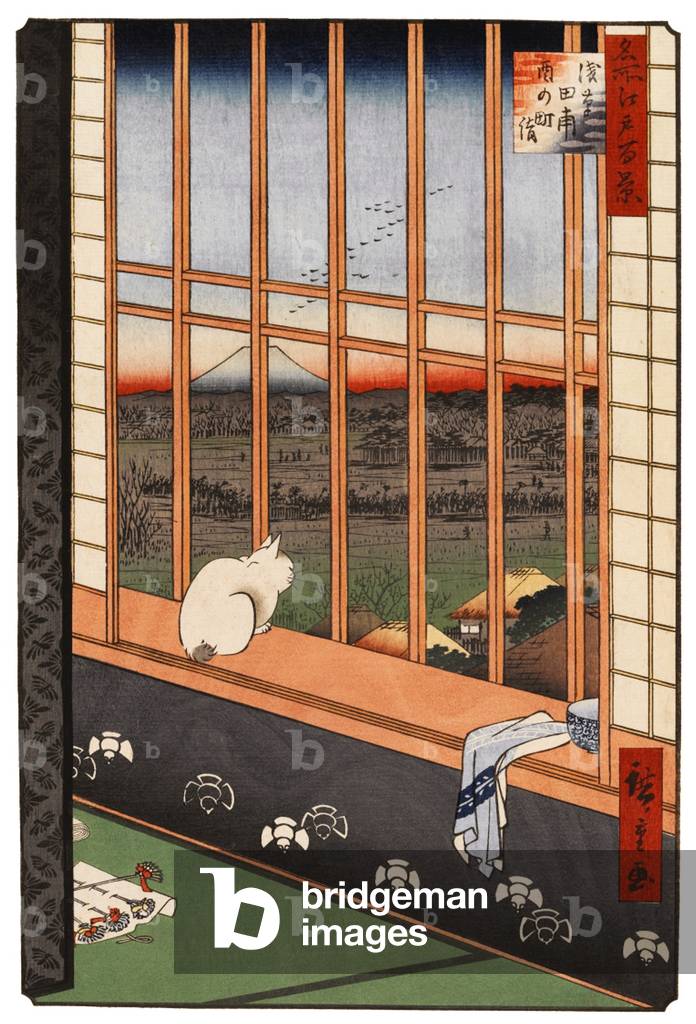 Japan: Winter: Asakusa Rice Fields and Torinomachi Festival; Yoshiwara teahouse, Chokoku-ji temple, Mount Fuji. Image 101 of '100 Famous Views of Edo'. Utagawa Hiroshige (first published 1856-59)