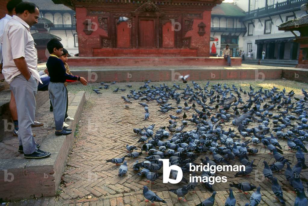 Nepal: Feeding pigeons in Durbar Square, Kathmandu