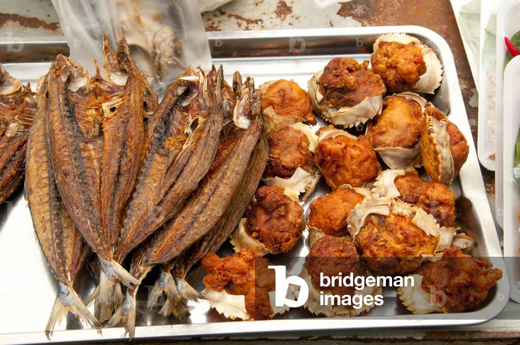 Thailand: Stuffed crab shells and dried fish in evening market behind Trang City hall and next to the OTOP Centre, Trang Town, Trang Province, southern Thailand