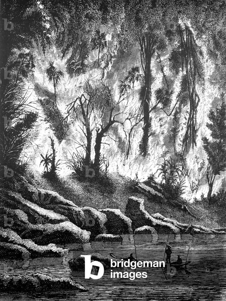 Thailand/ Laos: A forest fire on the banks of the Mun River - a tributary of the Mekong - as witnessed by French expeditioner and artist Louis Delaporte in 1867.
