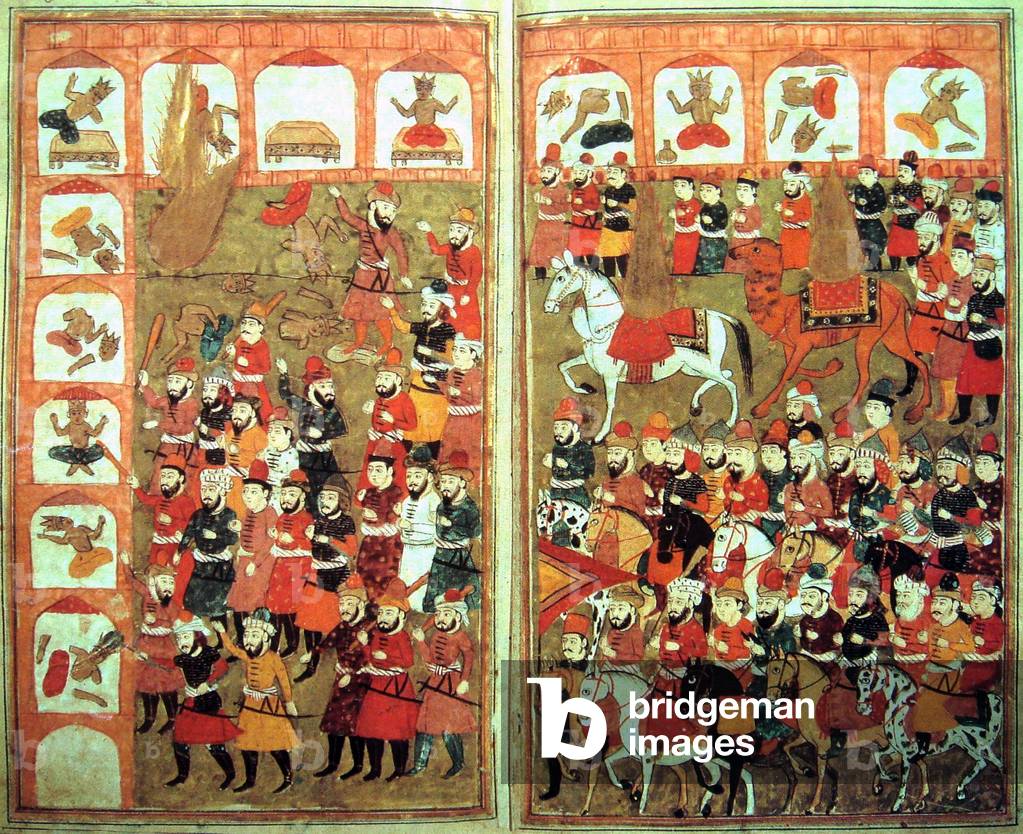 Middle East: The destruction of the idols at the Kaaba in Mecca by the Prophet Muhammad, as envisaged in 'L'Histoire Merveilleuse en Vers de Mahomet', 16th or 17th-century)