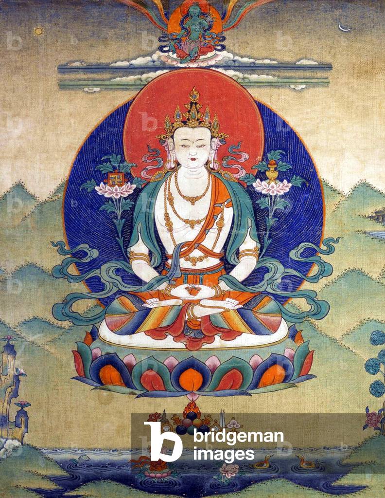 China / Tibet: Painted tanka of Kunzang Akor, the meditational form of the Bon or Bon Po deity Shenla Okar, c. 18th-19th century
