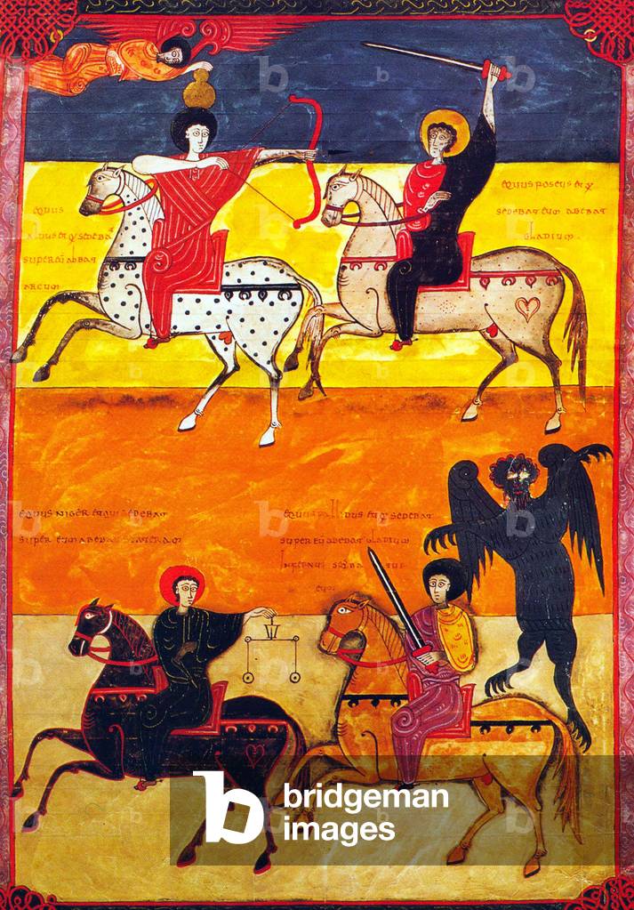 Spain: The Four Horsemen, Apocalypse VI. From the Beatus of Leon version of the Apocalypse (1047 CE).