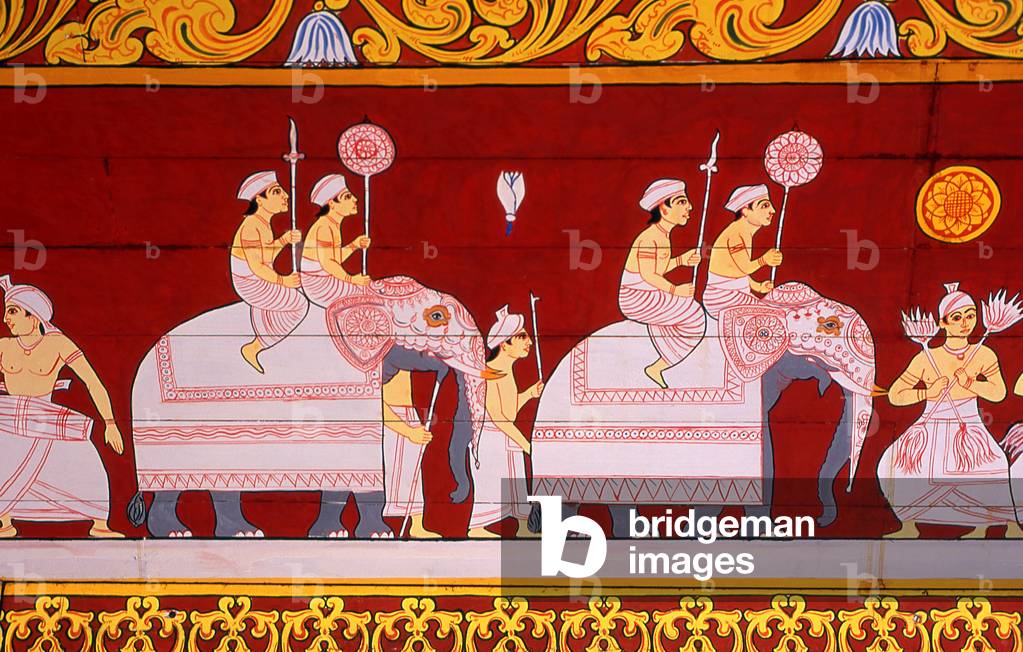 Sri Lanka: Murals showing the Kandy Esala Perahera, the town's largest annual festival, Sri Dalada Maligawa or the Temple of the Tooth, Kandy