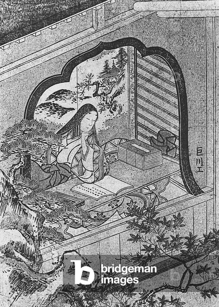 Japan: Murasaki Shikibu at Ishiyama Temple, drawn by by Kyosen Kawasaki, early 20th century