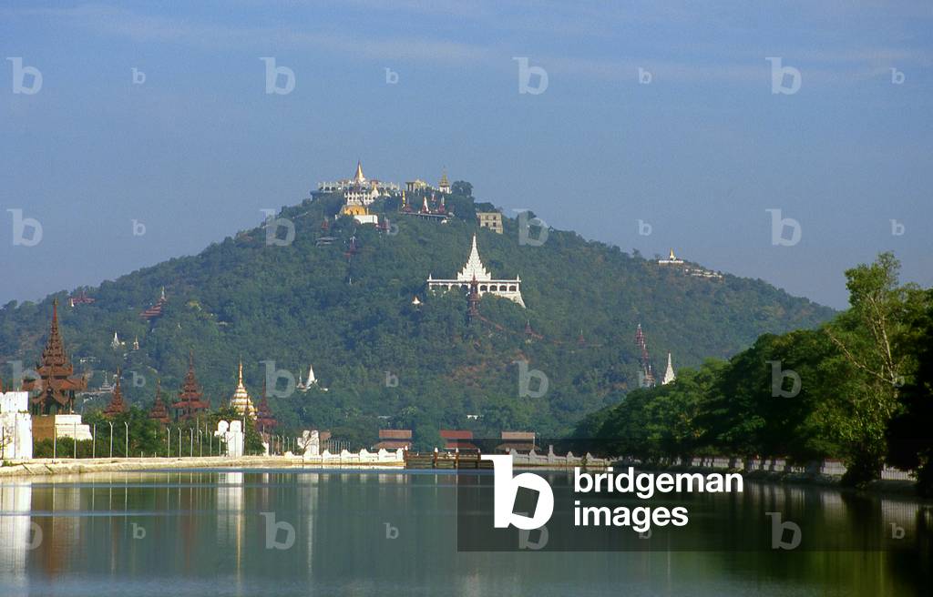 Burma - Myanmar: The moat surrounding Mandalay Fort, Mandalay Hill in the background, Mandalay