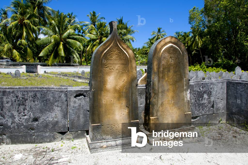 Maldives: Gravestones in the oldest cemetery (900 years old) in the country, Hulhumeedhoo Island, Addu Atoll (Seenu Atoll)