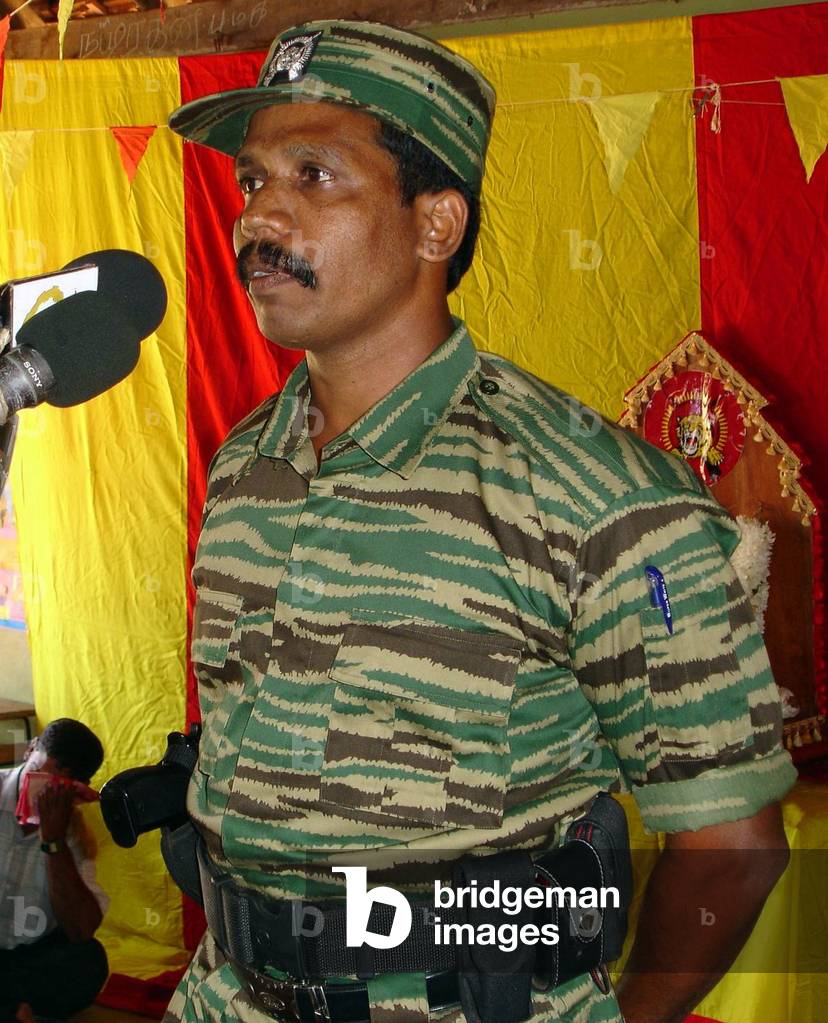 Sri Lanka: Senior LTTE Cadre Commander Colonel Ramesh addressing a Tamil Tiger gathering c.2008.