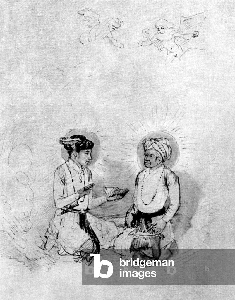 India: Emperor Akbar sitting with his son Jahangir, a sketch by the celebrated Dutch artist Rembrandt (1606-1669)