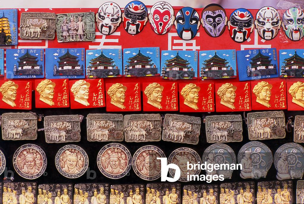 China: Qin Shi Huangdi (1st Emperor of unified China) and Chairman Mao fridge magnets for sale at the site of the real Terracotta Army, Xi'an, Shaanxi Province