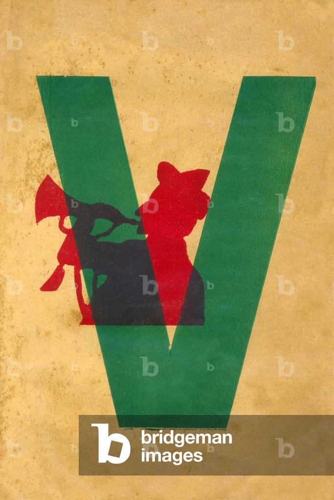 India: V for Victory with an Indian bugler. Victory Day leaflet celebrating Allied victory in World War II, New Delhi, March 1946.