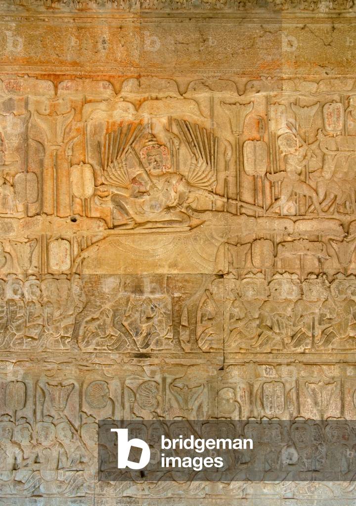 Cambodia: Yama (eighteen-armed ruler of Hell) rides a buffalo, Hindu Heaven and Hell bas-reliefs in the South gallery, bas-relief, Angkor Wat