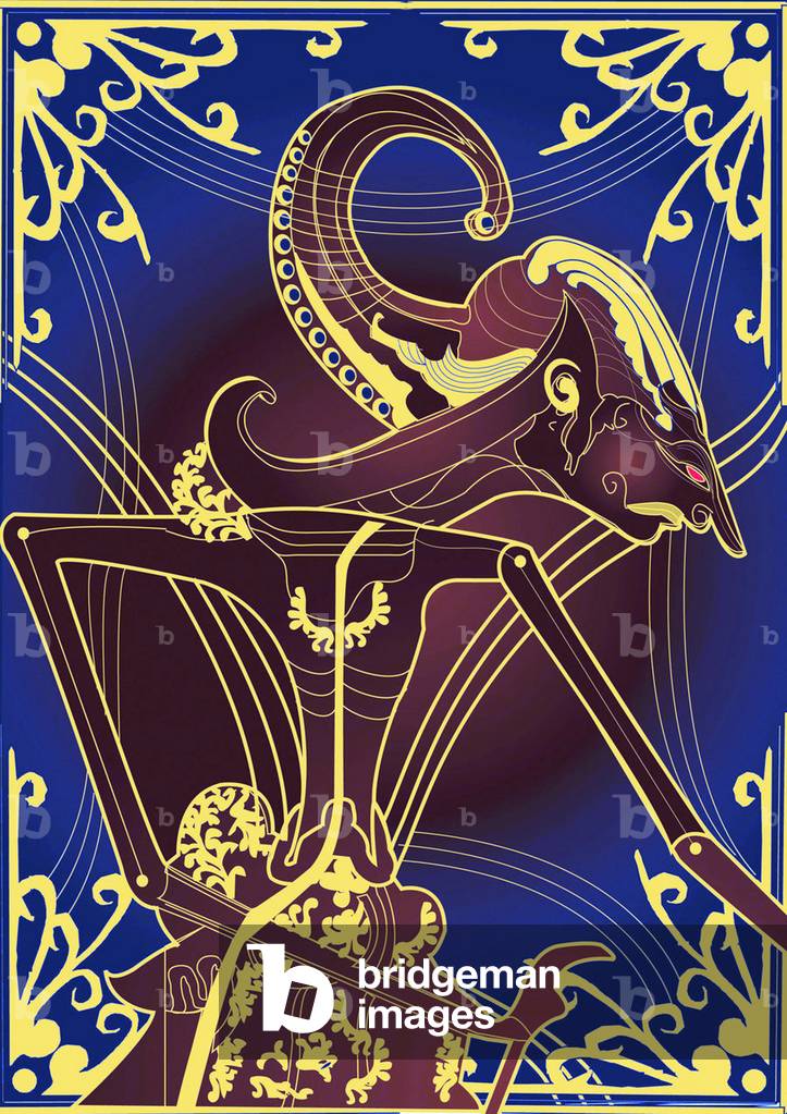 Indonesia: Contemporary painting of wayang kulit 'shadow puppet', character Antareja, Java, 20th century