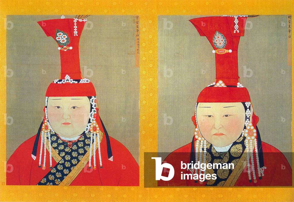 Mongolia / China: Two unnamed wives of Khutughtu Khan (Emperor Mingzong) right; and Rinchinbal Khan (Emperor Ningzong) left. Paint and ink on silk.
