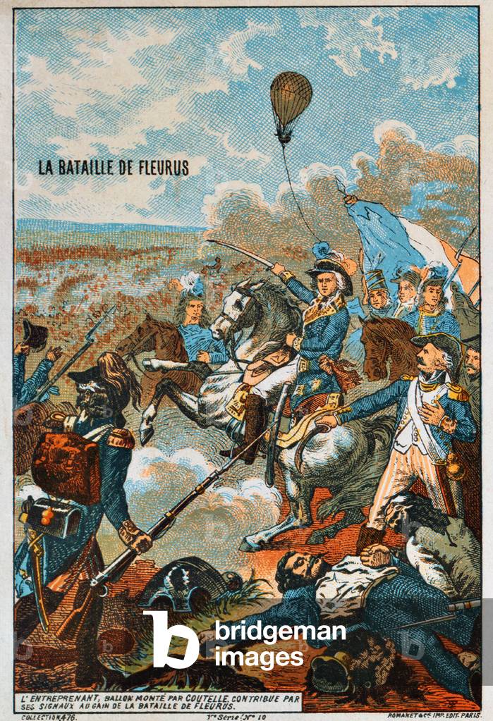 France: Early Flight- 'L'Entreprenant, ballon monte par Coutelle, bataille de Fleurus, 1794' (The balloon, 'The Enterprising', flown by Coutelle, at the battle of Fleurus, 1794), Paris, Romanet, c. 1895