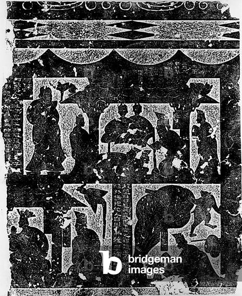China: Stone rubbing depicting Confucius (551-479 BCE) hitting the chime, Eastern Han Dynasty (25-220 CE)