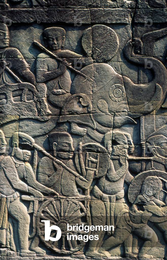 Cambodia: Khmer warriors and war elephant, bas-relief, The Bayon, Angkor Thom