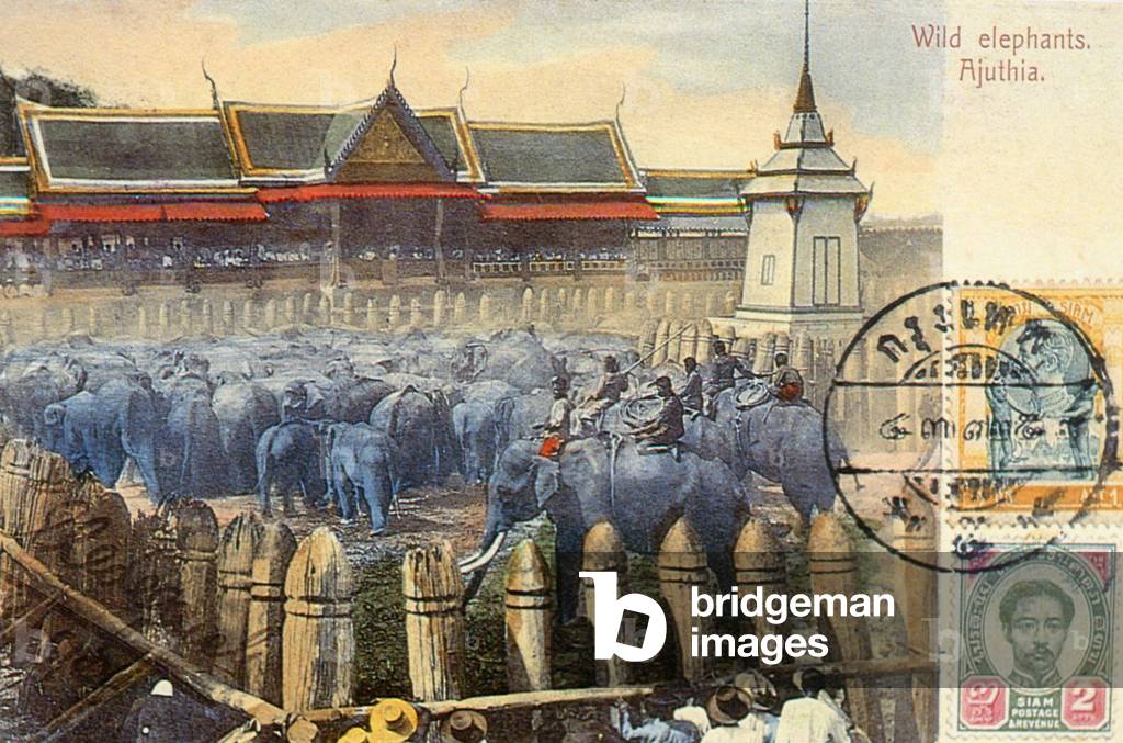Thailand: The old royal elephant kraal at Ayutthaya (Ayuthia). Postcard with stamp of Rama VII (King Prajadhipok, 1893 - 1941), c. 1920s