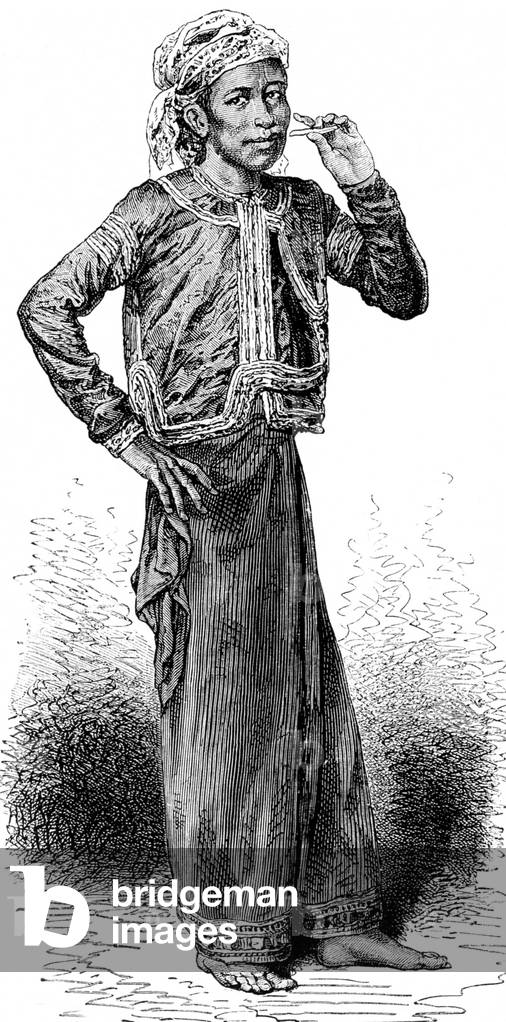 Laos/ Indochina: Redrawn from a photograph, this is Alevy, the charismatic interpreter for the French Mekong expedition from 1866-68.
