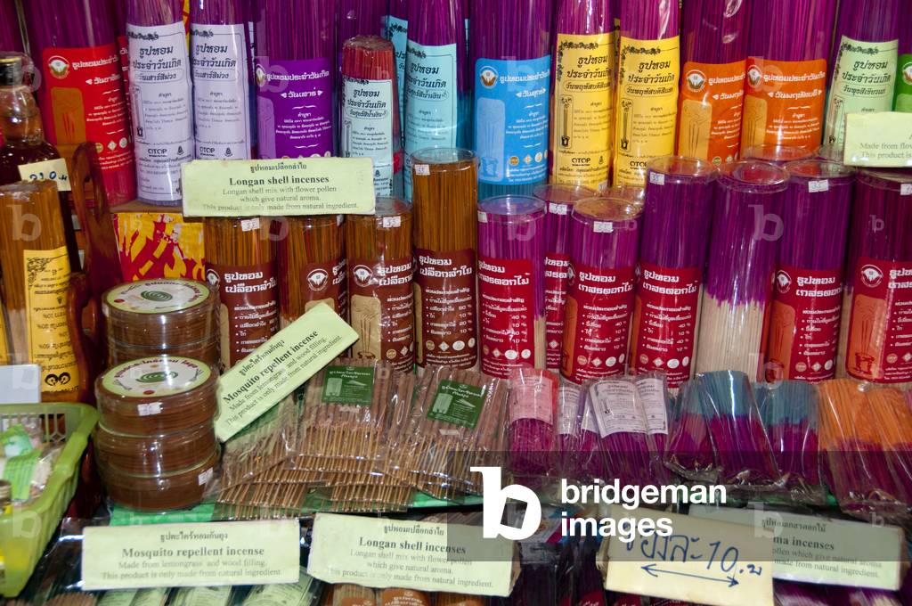 Thailand: Locally crafted incense sticks for sale in the OTOP market on Lamphun's traditional covered wooden bridge near Wat Phra That Haripunchai, northern Thailand