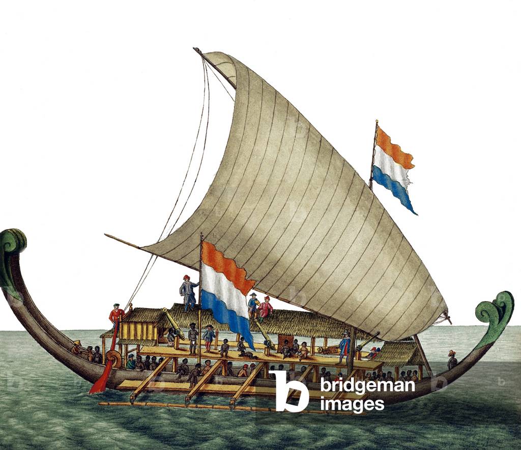Netherlands: A Dutch outrigger, mid-17th century. Atlas Blaeu, Laurens Van der Hem, c. 1665