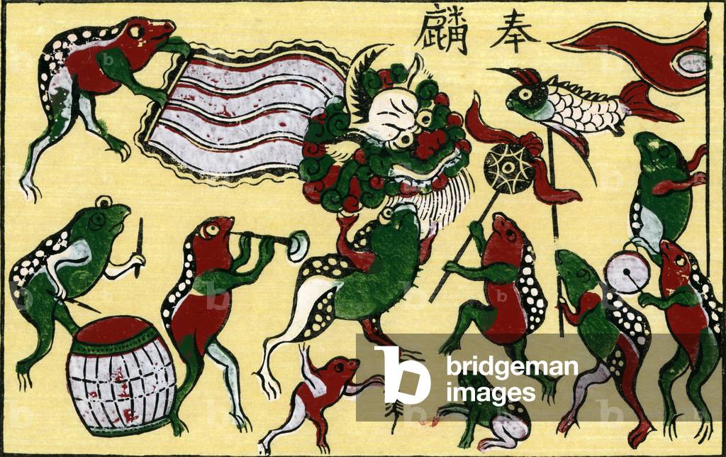 Vietnam: A dragon dance performed by frogs for the annual Tet (Lunar New Year) Festival - traditional woodblock painting from Dong Ho village, Bac Ninh Province