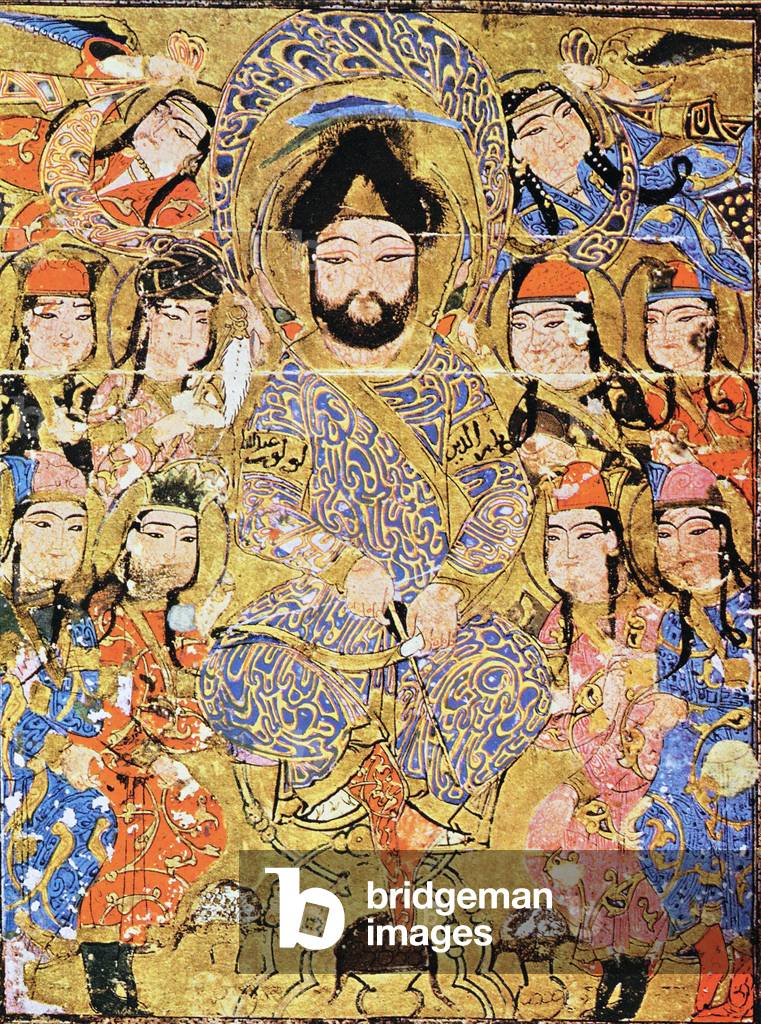 Iraq: An enthroned Muslim ruler with his entourage, from Abu'l-Faraj al-Isfahani's Kitab al-Aghani (Book of Songs) Mosul, 1219 CE