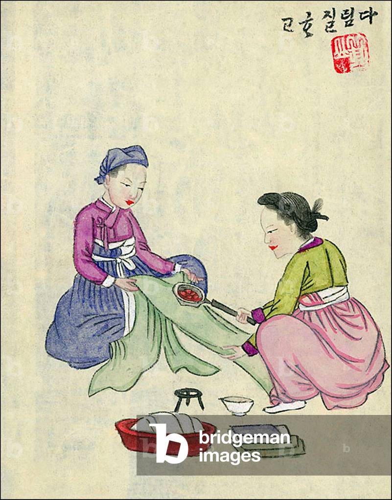 Korea: Two women ironing using a long-handled iron filled with hot coals. Watercolour painting, late Joseon period, 1886.