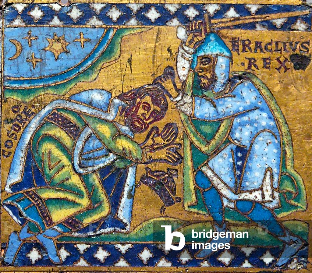 Turkey / Byzantium: Gilt copper plaque depicting Heraclius (575-641), Byzantine emperor, receiving the submission of the Sassanid King Khosrau II (570-628), 12th century, Louvre Museum, Paris
