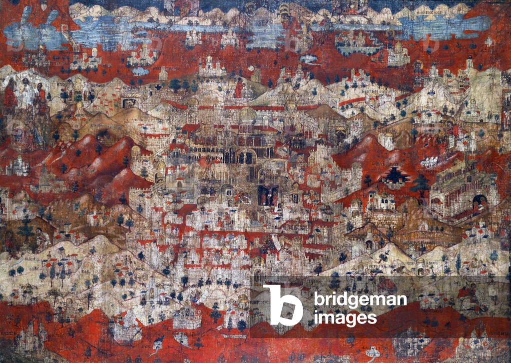 Byzantium / Turkey: A topographic painting of Palestine showing Jerusalem as the centre of the world, 15th century