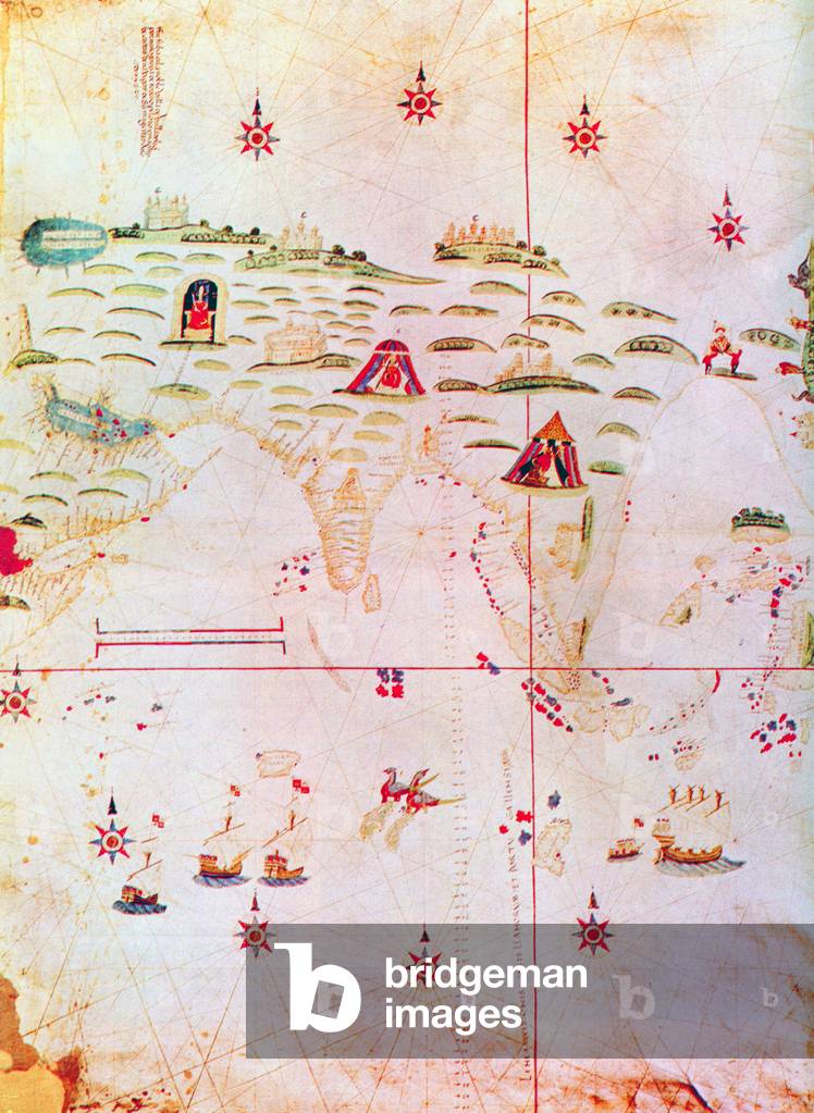 Spain/ Portugal/ Asia: A 1522 map of Asia showing an 'antemeridian' to demarcate the Portuguese sphere of influence (west of the red line) from the Spanish.