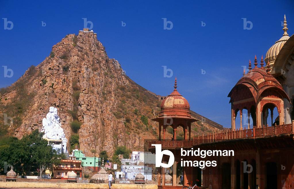 India: The Bala Qila (Alwar Fort) looms above the Palace Complex, Alwar, Rajasthan