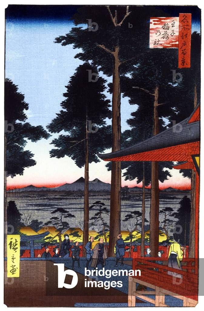 Japan: Spring: oji Inari Shrine; Mount Tsukuba. Image 18 of '100 Famous Views of Edo'. Utagawa Hiroshige (first published 1856-59)