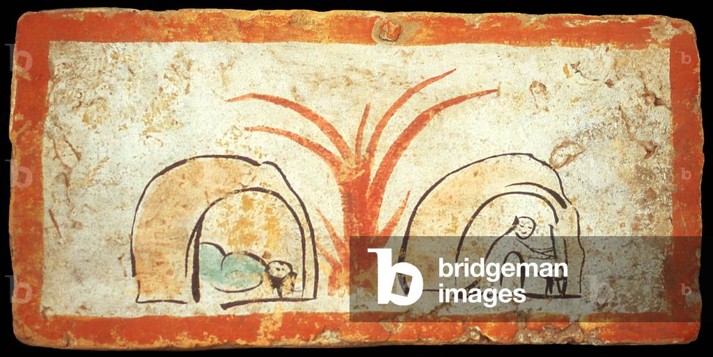 China: Painted mural brick from the Jin Dynasty (265 - 420 CE) and Western Wei Dynasty (535 - 557 CE) tombs in the Jiayuguan area, Gansu Province. (Jiayuguan Museum of the Great Wall)