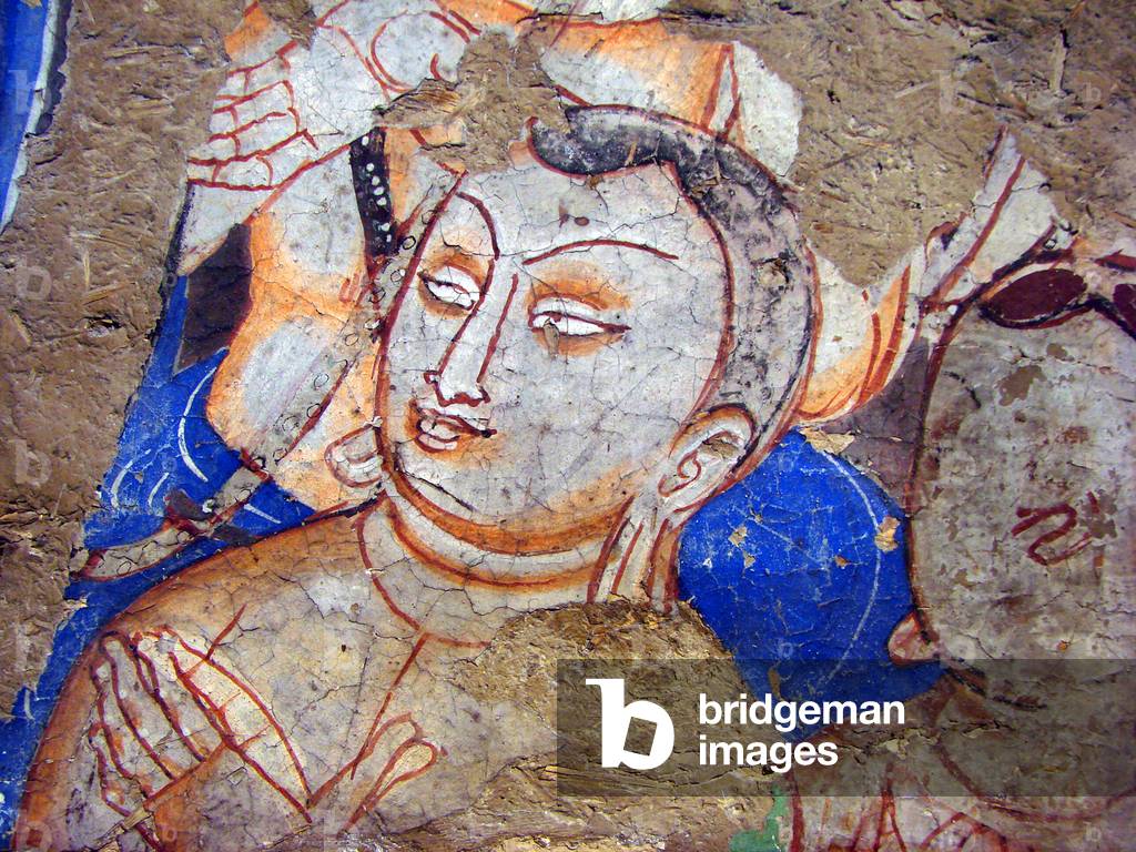 China: Devotees listening to a sermon of the Buddha, mural from Kizil Thousand Buddha Caves, Kuqa, Xinjiang, 6th-7th century CE